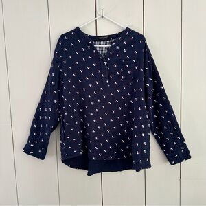 Gracila Print Gauzy Top Plus Sz 2X Long Sleeve Navy Blue Pockets